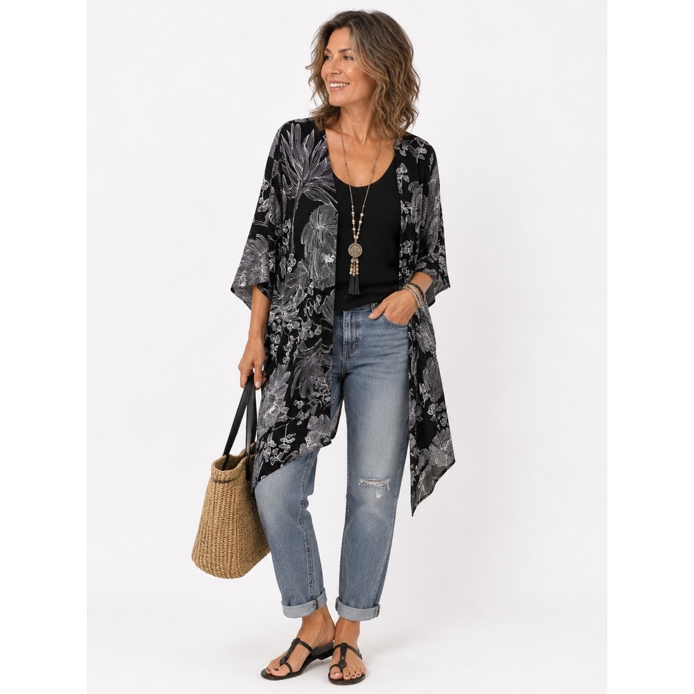 Chico's Kimono L/XL Black White Floral Palm Print Open Front Wrap New